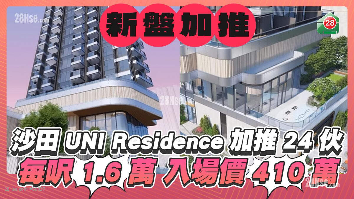 沙田UNI Residence加推24伙每尺1.6万入场价410万 今日公布最新销售部署