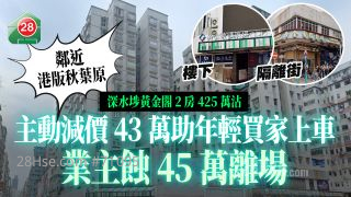 深水埗黄金阁2房425万沽｜主动减价43万助年轻买家上车 业主蚀45万离场