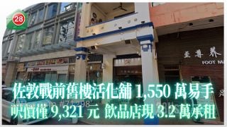 最新工商租务｜佐敦战前旧楼活化铺1,550万易手  尺价仅9,321元  饮品店现3.2万承租