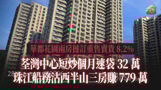 各区二手成交｜华都花园两房挞订重售卖贵8.2%｜荃湾中心短炒五个月速袋32万｜珠江船务沽西半山三房赚779万